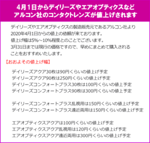 デイリーズやエアオプティクスの値上げ価格について